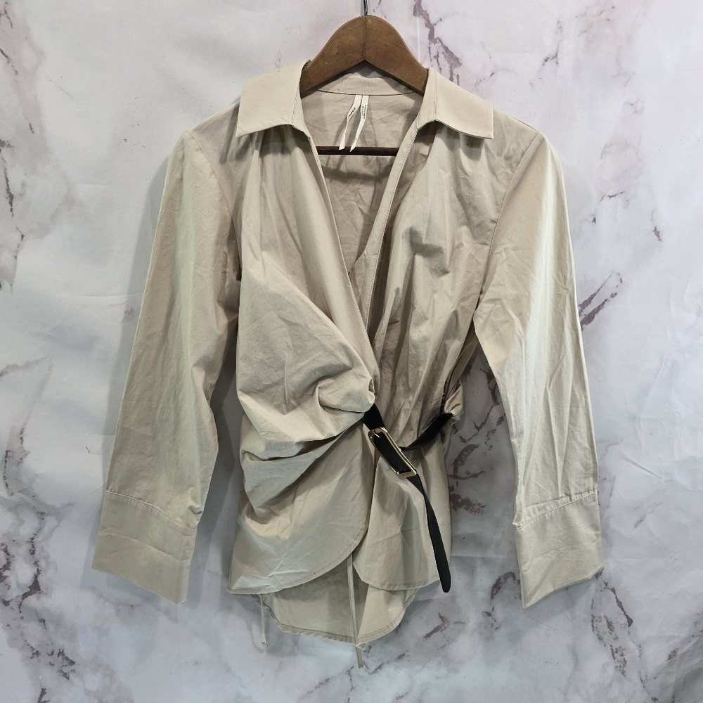 By Anthropologie Shirt Womens XXS Beige Button Up Belted Buckle Blouse Taupe